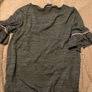 LOFT Heathered Gray Short Sleeve Knit Top with Ruffle Trim